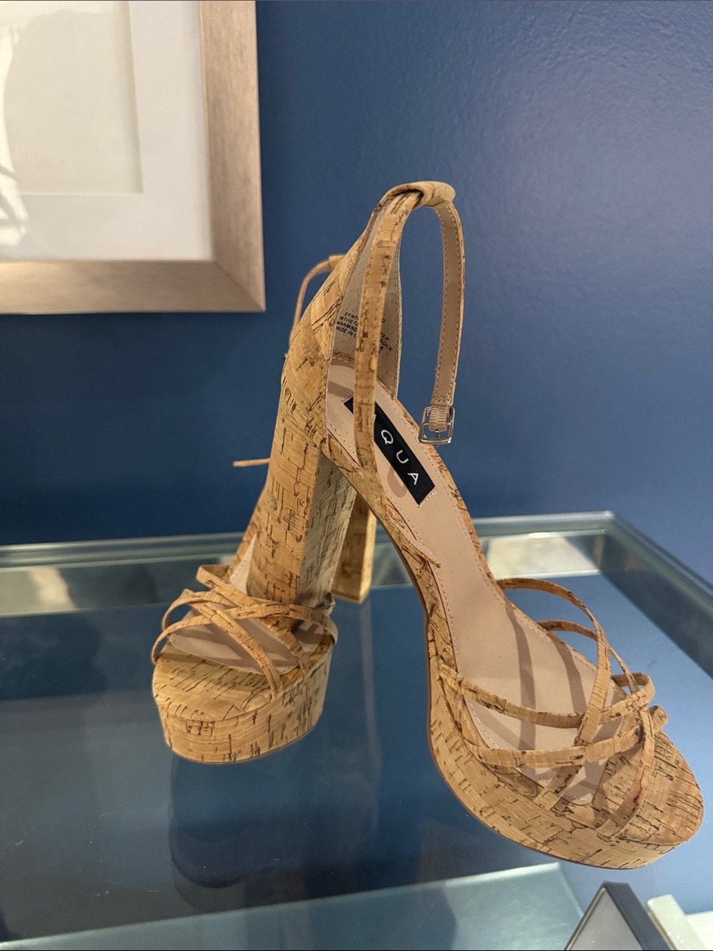 Aqua Tan Cork Platform Strappy High Heels